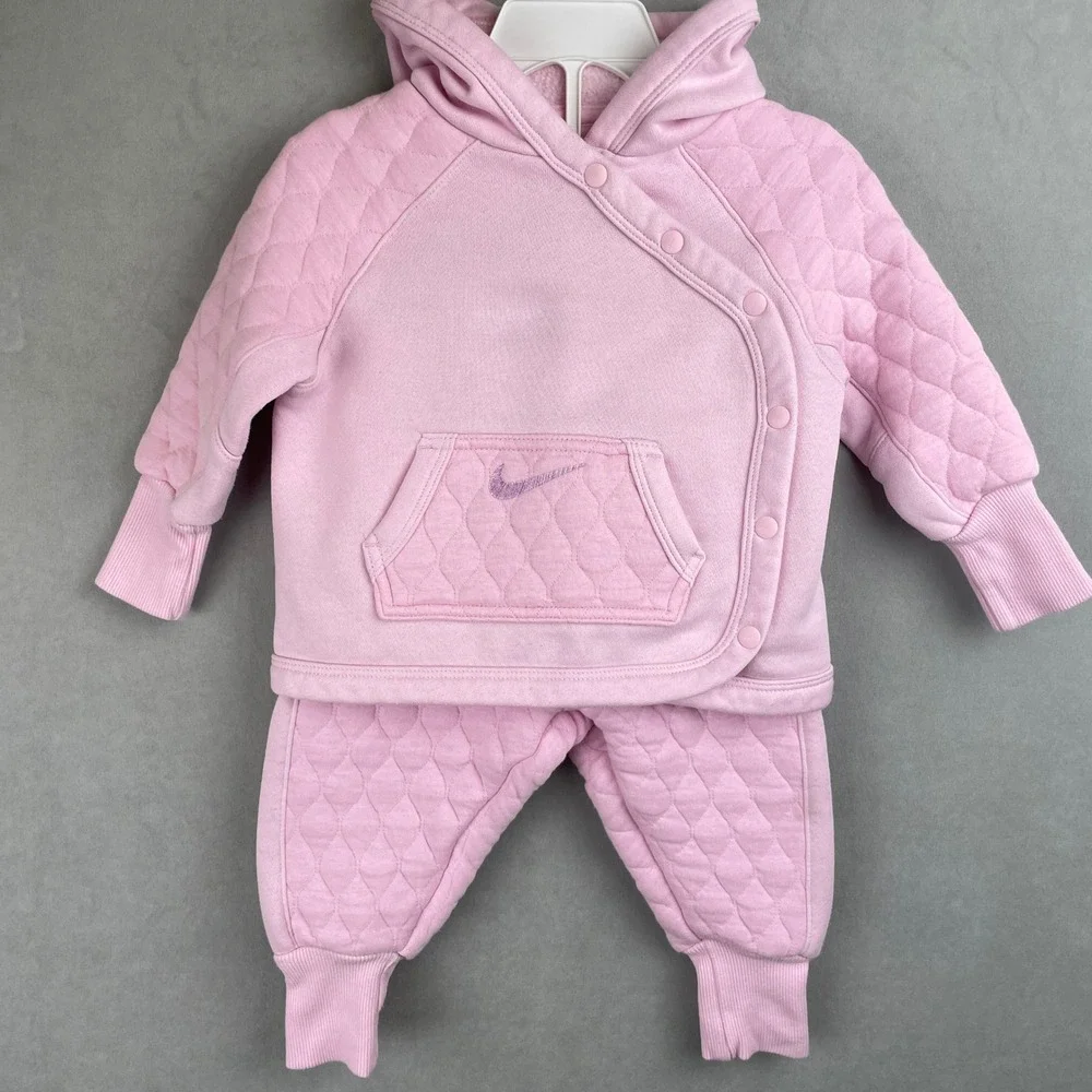 Nike Readyset Baby Girl Pink Quilted Snap Up Hoodie Jogger Set Cozy Sporty 12M